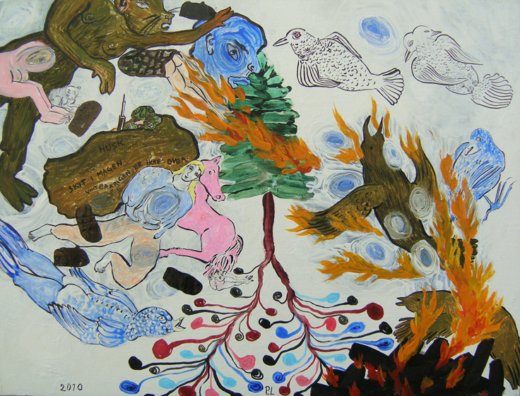 Päivi Laakso, "Vinterkrigen er ikke over", teknikk: akryl, akvarel, tusj og quashe på plate, 2010. Solgt